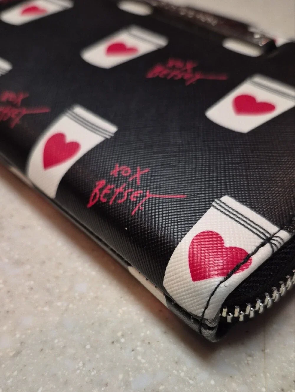 Betsey Johnson Black Wristlet Wallet with Pink Heart Coffee Cups